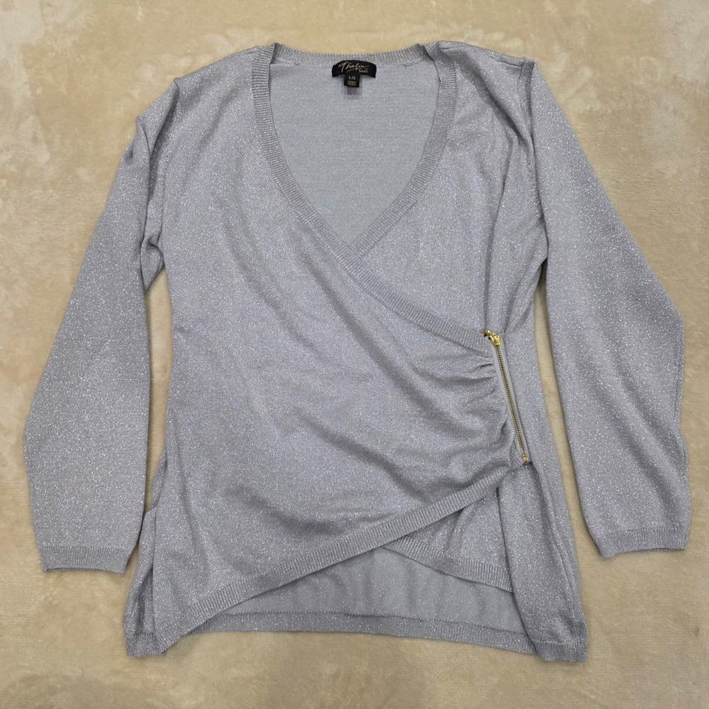 Thalia Sodi Silver Metallic Faux Wrap Sweater Womens Size L Side Zipper Shimmer